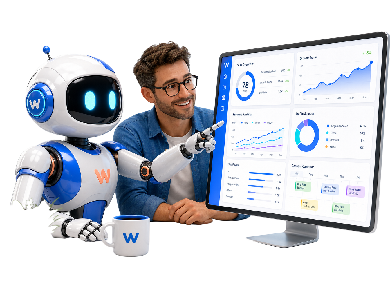 Wobbie working behind a desk alongside a business owner, reviewing SEO analytics and performance dashboards together